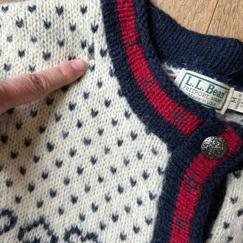 LL Bean Vintage Nordic Fair Isle Wool Sweater M Cream Multi Knit Button Front - Picture 8 of 10